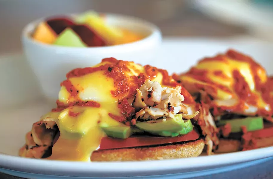 The Veggie Benedict comes drizzled with pesto. - TESS FARNSWORTH