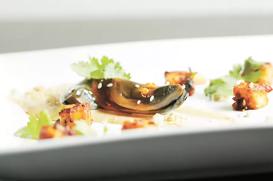 A THC-infused dish by Chefs Matt Johnson (left) and Kyle "Freak" Bowlby. - YOUNG KWAK