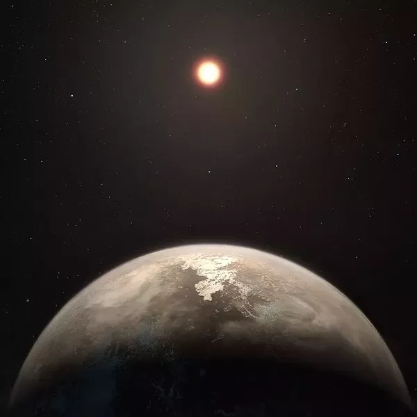An artist’s impression of a newly discovered planet and its red dwarf star, Ross 128. The planet, 11 light-years away, is roughly the size of Earth but closer to Ross 128 than our planet, or even Mercury, is to our sun. - M. KORNMESSER/EUROPEAN SOUTHERN OBSERVATORY