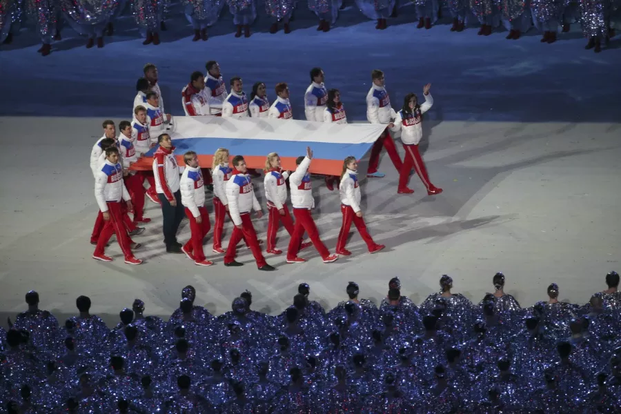 Russian athletes walk in the closing ceremonies for the Winter Olympics, at Fisht Olympic Stadium in Sochi, Russia, Feb. 23, 2014. - JOSH HANER/THE NEW YORK TIMES