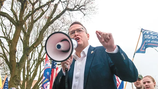 Former state Rep. Matt Shea, at a "Stop the Steal" rally in Spokane last week, falsely blamed the Capitol siege on antifa.