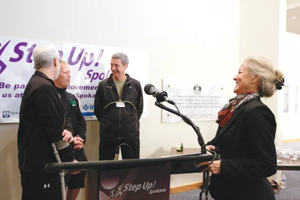 Verner at the launch of her Step Up! Spokane program, which will promote a healthier lifestyle. As part of the program, the mayor gave a free pedometer to each of the city's 2,000 employees. - YOUNG KWAK