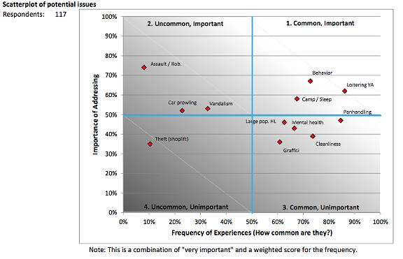 Which issues downtown businesses identified as most important, based on a survey done earlier this year.