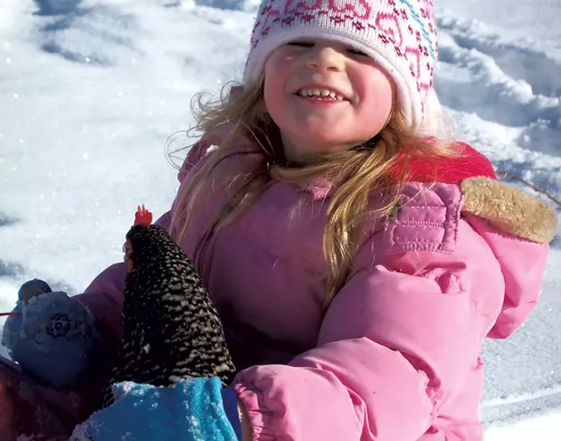 Natalee sledding with her chicken