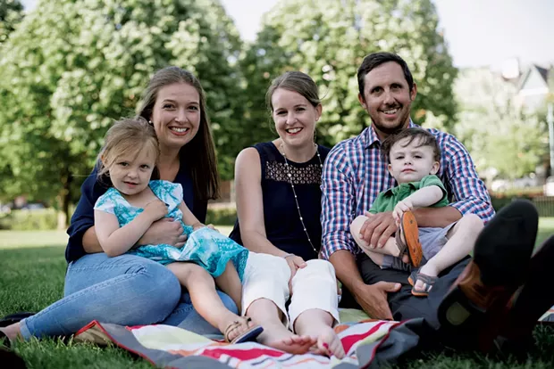 Becca Corneau and family with their first au pair, Louisa Gayer (left)