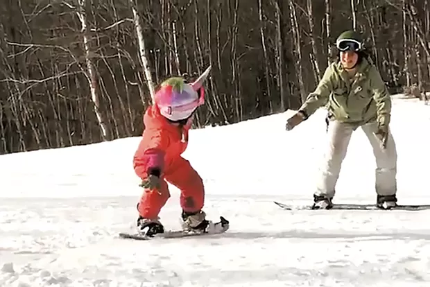 Jess Wisloski snowboards with her daughter at Middlebury Snow Bowl - COURTESY OF JESS WISLOSKI