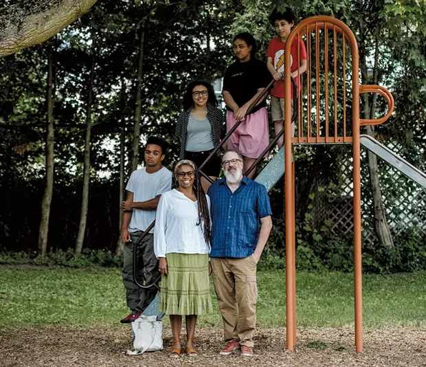 Winnie, 48, and Ted, 53, with kids (from bottom to top) Russell, 19, Charlotte, 21, Josephine, 13 and Desi, 11, at Roosevelt Park in Burlington - SAM SIMON