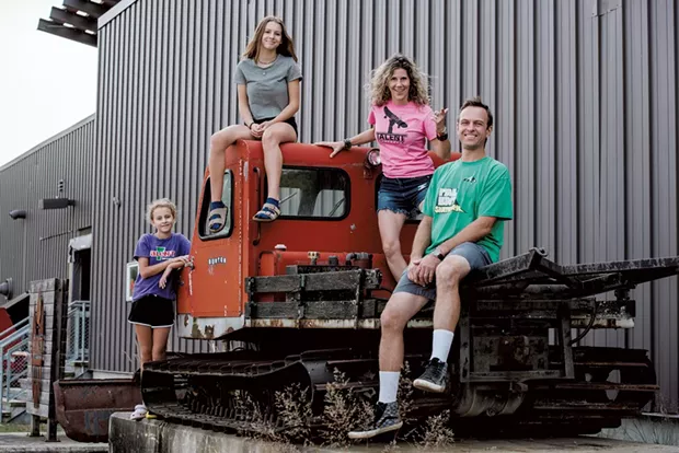 (Left to right) Senyah Wood, 11, Adah Wood, 14, Hannah Deene Wood, 46, and David Wood, 47, outside of the new Talent Skatepark in Burlington. Hannah will serve as its executive director. - SAM SIMON