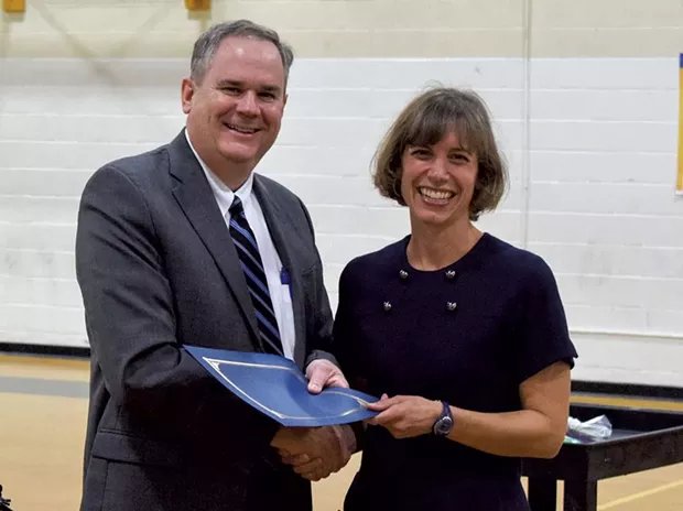 Vermont Education Secretary Dan French congratulates 2020 Teacher of the Year Elisabeth Kahn