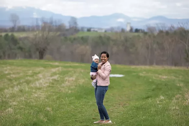 Eliana Castro with her 8-month-old baby, Adelaide Galloway, at Wheeler Nature Park in South Burlington - CAT CUTILLO