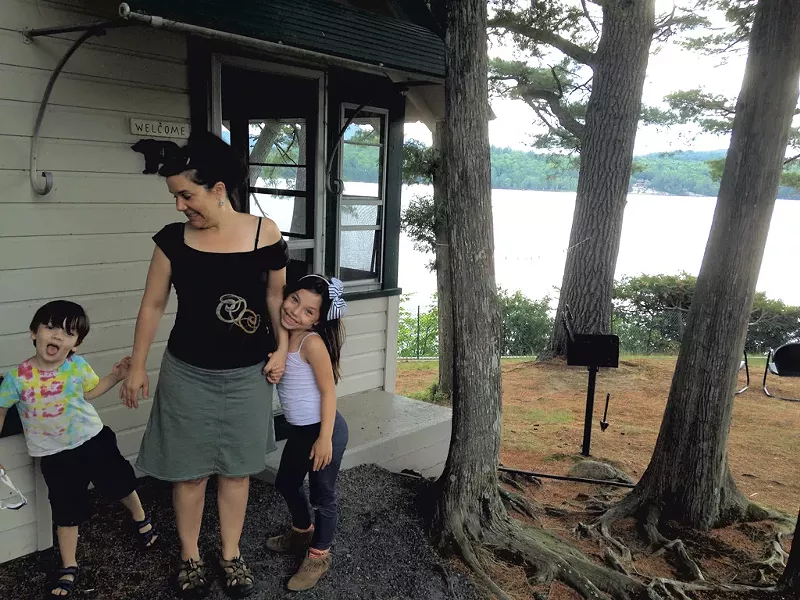 Stacy with Ezra and Manya at their cabin