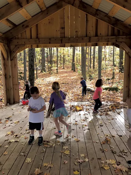 Orwell Village School kindergarteners in the school's outdoor classroom
