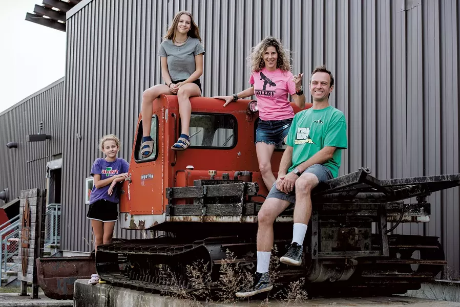 (Left to right) Senyah Wood, 11, Adah Wood, 14, Hannah Deene Wood, 46, and David Wood, 47, outside of the new Talent Skatepark in Burlington. Hannah will serve as its executive director. - SAM SIMON