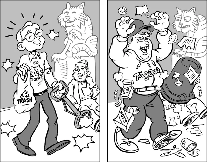 Even though he may not live there, Dainty figures the area around the ballpark should be kept as tidy as his neighborhood is. Doofus laughs and cries, “It’s just Detroit,” before overturning a can of garbage onto a homeless person. - ILLUSTRATION BY SEAN BIERI.