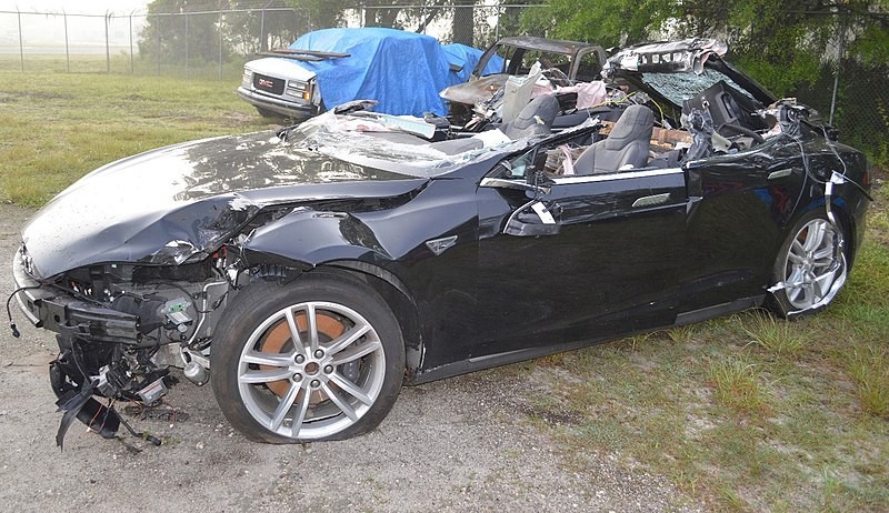 The Tesla Model S following its recovery from the crash scene near Williston, Florida. - NATIONAL TRANSPORTATION SAFETY BOARD, WIKIMEDIA CREATIVE COMMONS