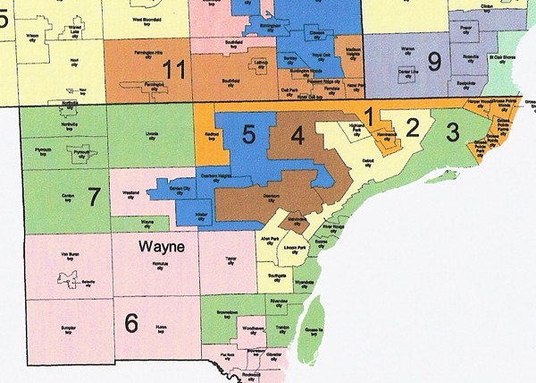 MAP OF THE MICHIGAN HOUSE'S GERRYMANDERED DISTRICTS IN SOUTHEASTERN MICHIGAN.
