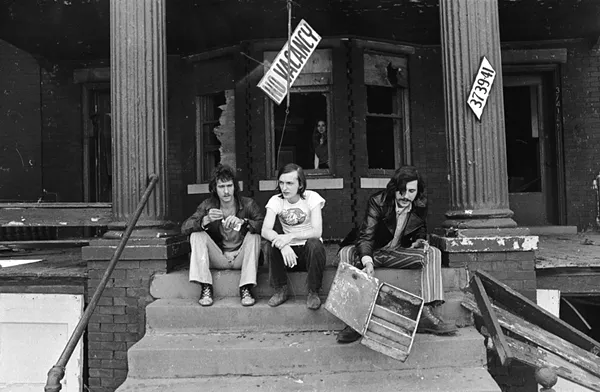 Barry Kramer, Dave Marsh, and Lester Bangs outside Creem’s Cass Corridor offices, circa 1969. - CHARLIE AURINGER