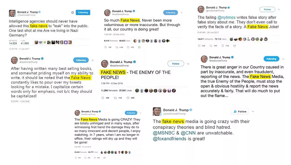 “Lügenpresse!” German for “lying press,” now used by right-wing groups. Repeated claims that journalists are “enemies of the people” and the mainstream press is a propagator of “fake news” are phrases chillingly similar to ones employed by Hitler to discredit critics. It’s a tactic President Trump uses over and over again. - TWITTER