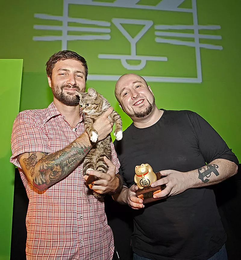 Will Braden with Mike Bridavsky and the late Lil Bub, 2012. - COURTESY PHOTO