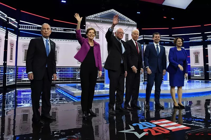 Mike Bloomberg, Sen. Elizabeth Warren, Sen. Bernie Sanders, former Vice President Joe Biden, Mayor Pete Buttigieg, and Sen. Amy Klobuchar at a recent debate. - SHUTTERSTOCK