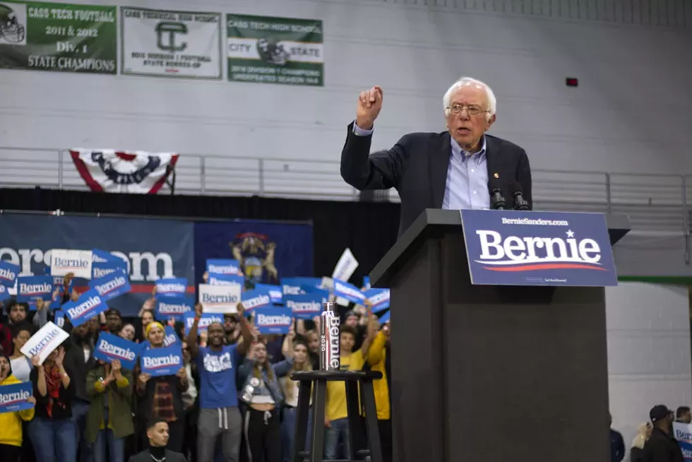 Bernie Sanders at a rally at Detroit’s Cass Technical High School in 2019. - STEVE NEAVLING
