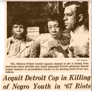 June 11, 1969 Chicago Tribune article reporting on the acquittal of Detroit police officer Ronald August, who killed 19-year old Aubrey Pollard at the Algiers Motel in '67.
