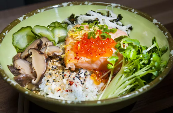House Smoked Salmon with roe, avocado, radish sprout, and sesame yuzu sauce. - PHOTO BY TOM PERKINS