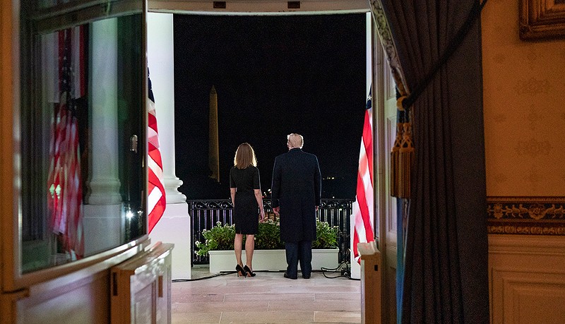 President Donald J. Trump and U.S. Supreme Court Associate Justice Amy Coney Barrett stand together on the Blue Room balcony Monday, Oct. 26, following Justice Barrett’s swearing-in ceremony on the South Lawn of the White House. - PUBLIC DOMAIN, THE WHITE HOUSE