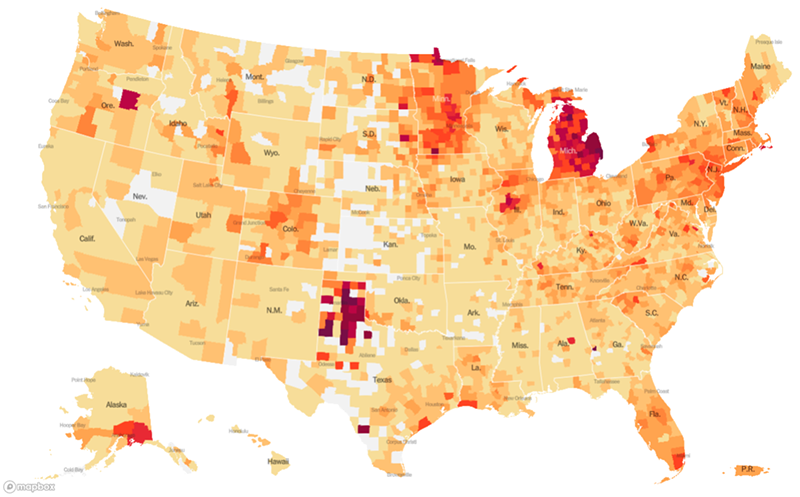 As one Twitter user quipped, "Michigan&rsquo;s COVID map looking like it slammed its whole thumb in the car door." - THE NEW YORK TIMES