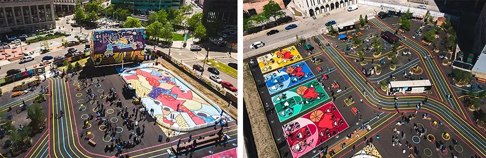The Monroe Street Midway includes an outdoor roller rink designed by Sheefy McFly and basketball courts designed by artist Phillip Simpson. - COURTESY OF BEDROCK DETROIT
