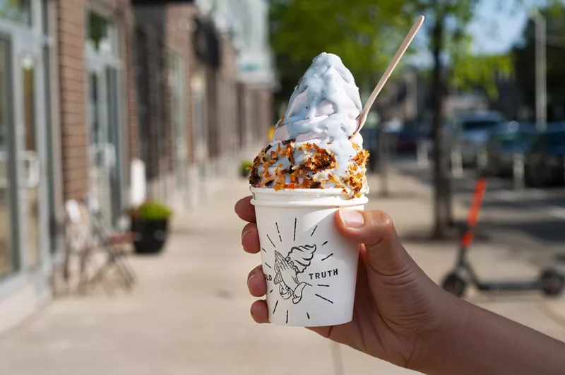 Lavender ice cream with Blue Moon magic shell and house-toasted coconut. - TOM PERKINS
