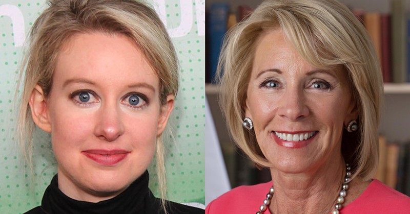 Elizabeth Holmes, left, and Betsy DeVos. - MAX MORSE FOR TECHCRUNCH, WIKIMEDIA CREATIVE COMMONS | U.S. DEPT. OF EDUCATION