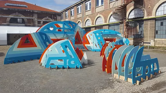 Modular set pieces by Akoaki, part of the Out of Site courtyard installation. - SARAH ROSE SHARP