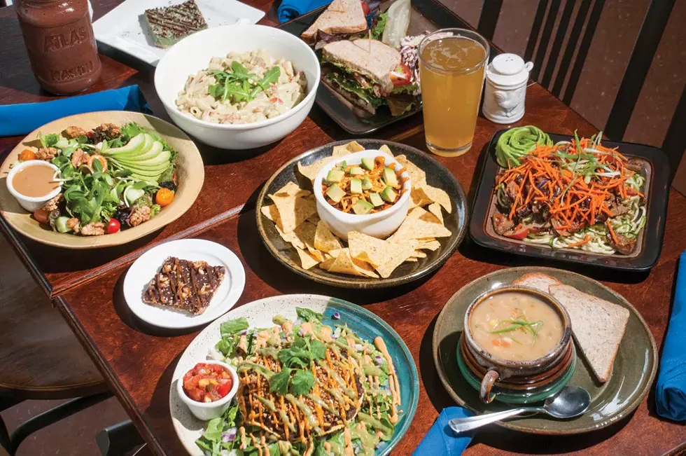 (Counterclockwise from bottom left) Tostada, magic bar, Michigan Salad, Arugala Alfredo, ABLT, s mug of Neu Kombucha, Thai pasta salad, lima bean corn chowder, Southwest Appetizer w/sloppy joe (center). - TOM PERKINS