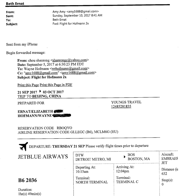 Email records that show that the travel agent sent the tickets to the developer on Sept. 5. The developer then sent them to Ernat on Sept. 10. Ernat claims the tickets were purchased on Sept. 10, and that she thought they came from the CSSA. - CITY OF YPSILANTI