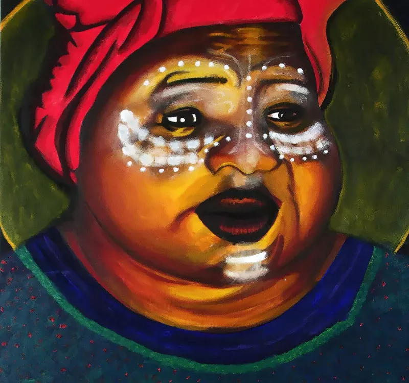 "I Know When the Fruit is About to Fall," by Cyrah Dardas. Fabric, string, acrylic on wood. - COURTESY PHOTO