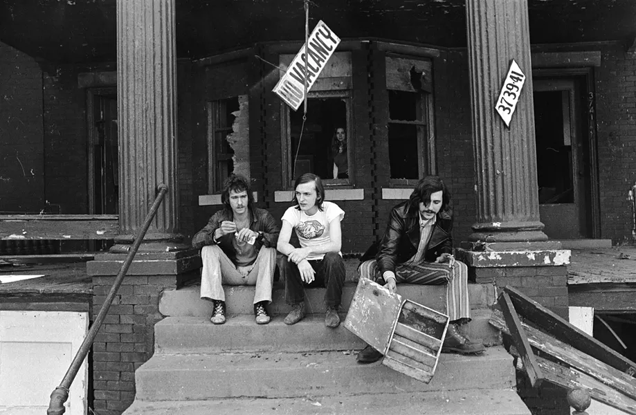 Barry Kramer, Dave Marsh, and Lester Bangs outside Creem’s Cass Corridor offices, circa 1969. - CHARLIE AURINGER