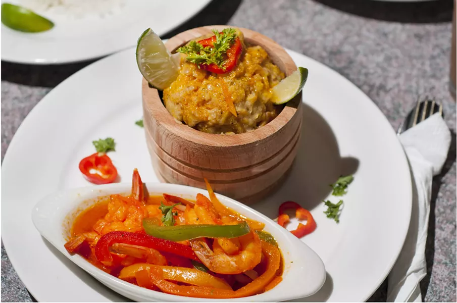 Mofongo (top) and camarones a la diabla - TOM PERKINS