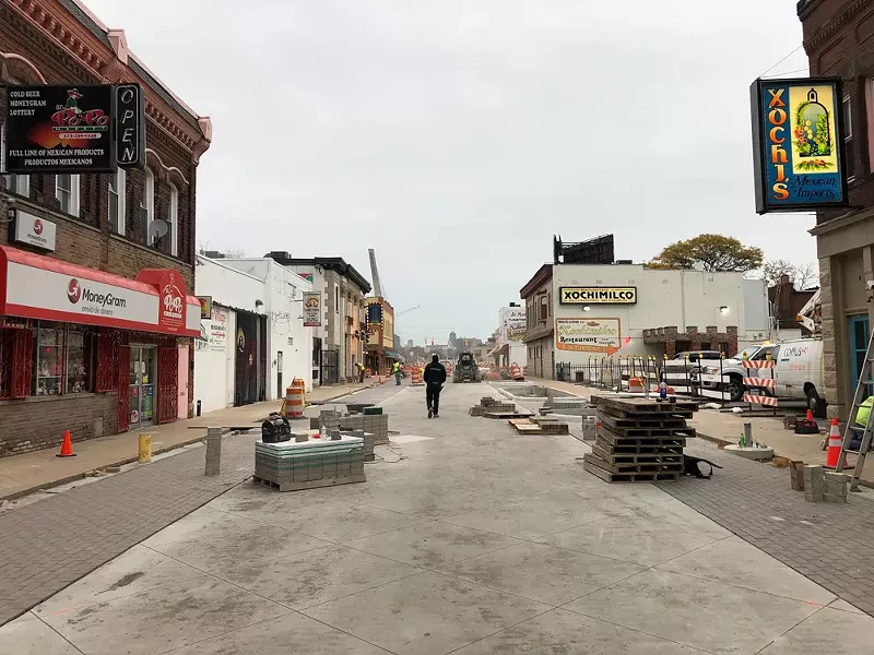 Recent construction on Mexicantown’s streetscape project. - LEE DEVITO