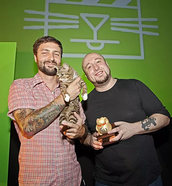 Will Braden with Mike Bridavsky and the late Lil Bub, 2012. - COURTESY PHOTO