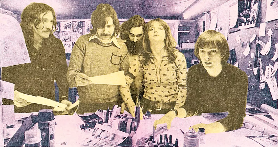 The Creem team (from left): Charlie Auringer, Lester Bangs, Ric Siegel, Jaan Uhelszki, and Dave Marsh. - RICHARD LEE