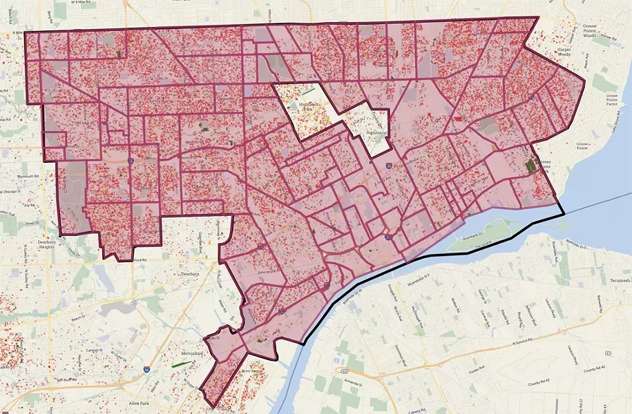Map of tax foreclosed properties in Detroit from May, 2017. Occupied structures are in red. - LOVELAND TECHNOLOGIES