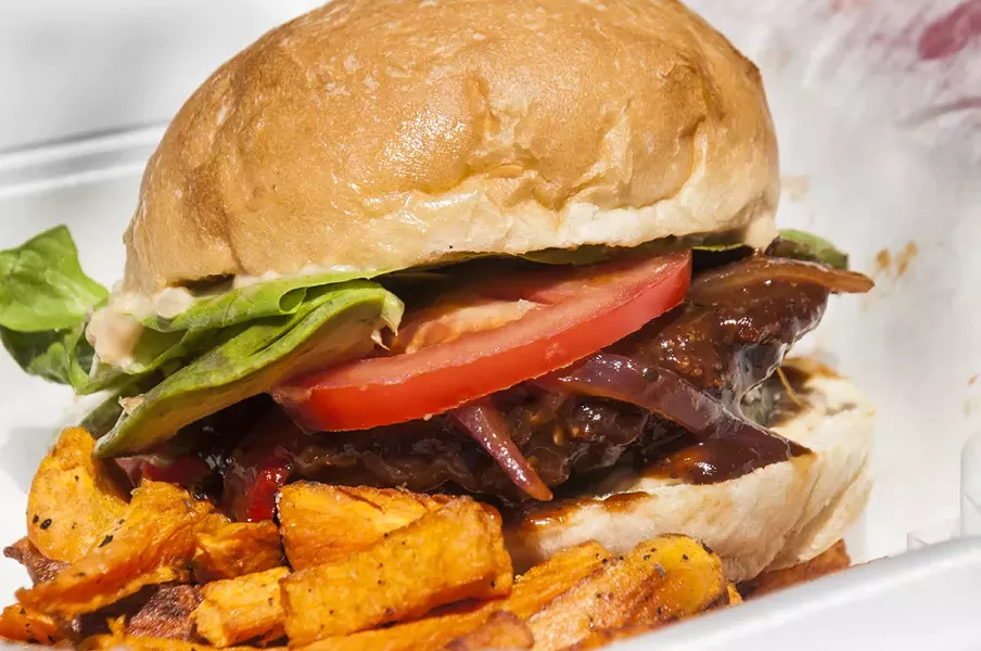BBQ Jerk burger at Paradise Cafe. - TOM PERKINS