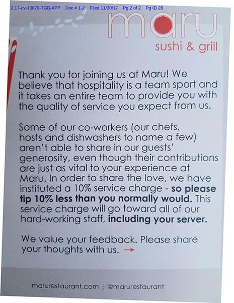 Sign posted at Maru Sushi showing its tip policy. - COURTESY PHOTO