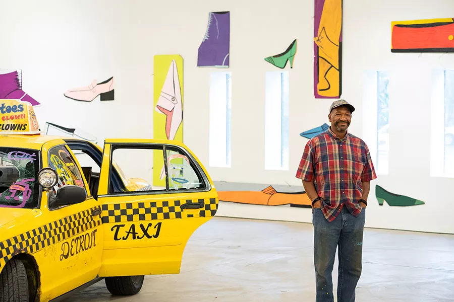 Artist Tyree Guyton directs the installation of 2+2=8 Tyree Guyton: Thirty Years of Heidelberg at Museum of Contemporary Art Detroit. - NOAH ELLIOTT MORRISON