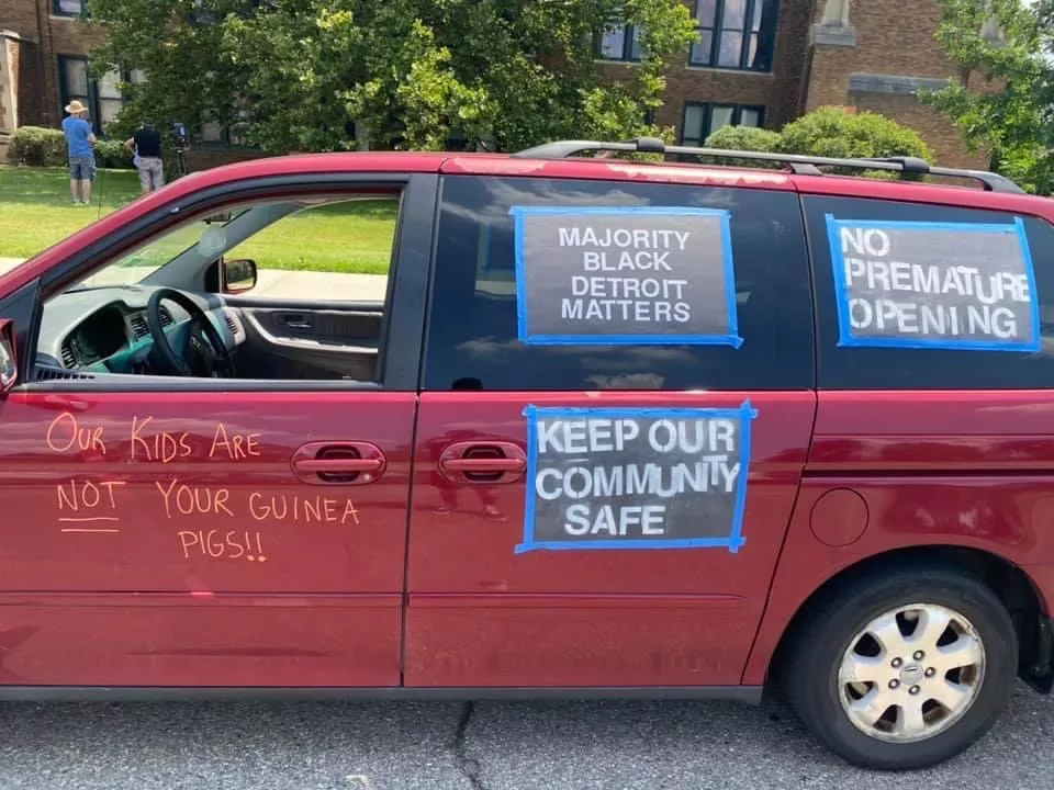 “NOT your guinea pigs!” A caravan of concerned Detroiters protest reopening the city’s public schools. - COURTESY OF BAMN