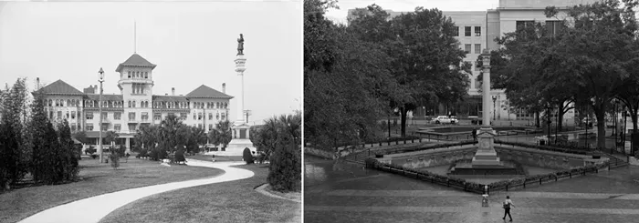 First dedicated in 1898, a statue of a Confederate soldier standing atop a 62-foot-tall monument was one of the few landmarks in Jacksonville that survived the 1901 fire. On June 9, 2020, the statue was removed overnight, and Jacksonville Mayor Lenny Curry announced that others in the city would be removed as well. - PHOTOS BY DETROIT PUBLISHING CO./LIBRARY OF CONGRESS (LEFT) AND MELISSA LYTTLE (RIGHT)