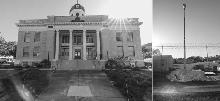 On June 11, 2020, less than 30 minutes after the county commissioners unanimously agreed to remove and relocate the Confederate statue in front of the Gadsden County Courthouse in Quincy, a crew was on scene to remove it. The monument is now being stored underneath a tarp behind razor wire and a securely guarded chain-link fence inside the prison maintenance yard at the Quincy Correctional Institution. - PHOTOS BY MELISSA LYTTLE