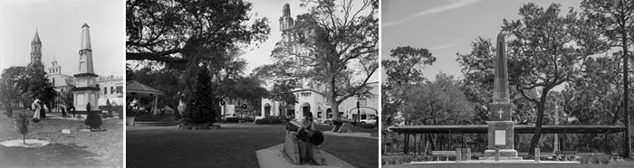 St. Augustine's Confederate War Memorial was an obelisk commissioned by the Ladies' Memorial Association and erected in 1872. In June 2020, St. Augustine city commissioners voted 3-2 in favor of moving the Confederate monument from the Plaza de la Constitucion downtown. The square has since been resodded, with only nearby cannons remaining. In September, the 10-ton monument was lifted onto a flatbed truck, loaded onto a barge, and floated down the St. John’s River to Trout Creek Fish Camp. That private property is where it’s been reinstalled, at the same site as the monument to Confederate Maj. Gen. William Loring. - PHOTOS BY GEORGE BARKER/LIBRARY OF CONGRESS (LEFT) AND MELISSA LYTTLE (CENTER AND RIGHT)