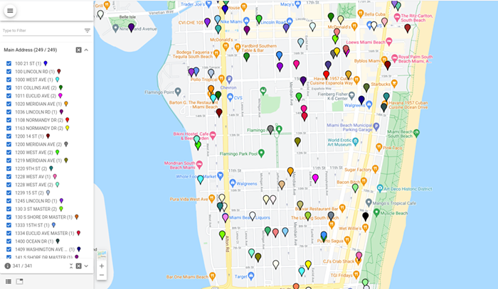 Cette carte montre les bâtiments de Miami Beach avec des violations liées à leurs recertifications de sécurité de 40 ans. Les données ont été capturées le 28 juin et remontent à 2006. - CAPTURE D'ÉCRAN AVEC L'AUTORISATION DE LA MIAMI DESIGN PRESERVATION LEAGUE